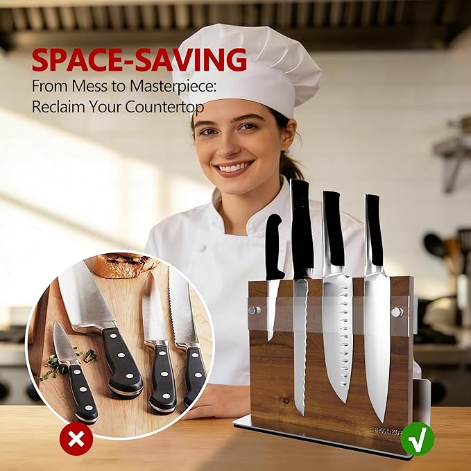 Brosisincorp Acacia Magnetic Knife Block Double-Sided for Kitchen Counter Top - Heavy Duty Base & Shatter-Resistant Acrylic Shield, Holds 10-12 Knives, Space Saving Organizer (No Knives Included)