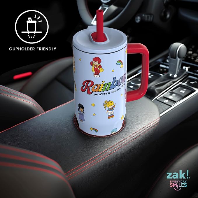 Zak Designs Rainbow Brite Sutton Travel Tumbler for On the Go, 30oz Stainless Steel with Vacuum Insulation, Silicone Straw, and Carry Handle for Cold Drinks (Rainbow Brite, Color Kids)