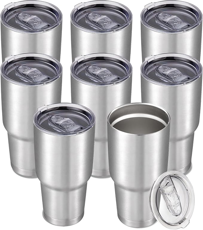 30 oz Tumbler with Lid Stainless Steel Tumblers Bulk Vacuum Insulated Cup Reusable Powder Coated Travel Mug Double Wall Leak Proof Cups Keep Cold Drinks for 12 Hours Stainless, Set of 8