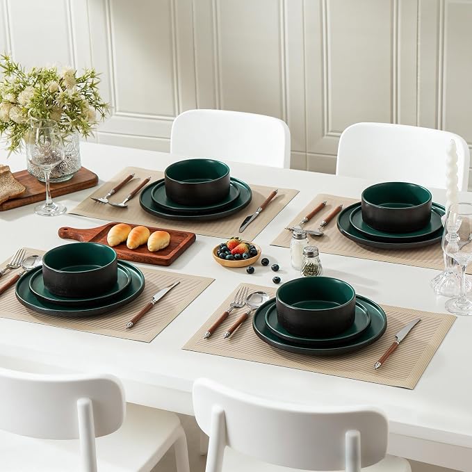 12 Piece Dinnerware Set, Modern Minimalist Stoneware Plates and Bowls Sets, Modern Dinner Plate, Salad Plate, Cereal Bowl, Dish Set for 4, Microwave and Dishwasher Safe, Matte Green