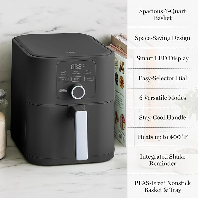 Martha Stewart 6QT Air Fryer, 6-in-1, Bake, Broil, Roast, Air Fry, Dehydrate, Reheat, Ceramic Non-Stick Basket, Crispy Results Fast, 400°F Max Temp, Shake Reminder, Auto Shut-Off, Caviar Gray