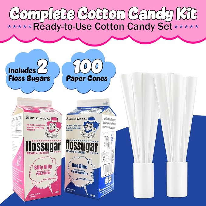 Perfectware 2 Pack Cotton Candy Floss Sugar with 100 Count Paper Cotton Candy Cones. Pink Vanilla and Blue Raspberry. (Two 3.25 lb Containers w/100 Cotton Candy Cones)