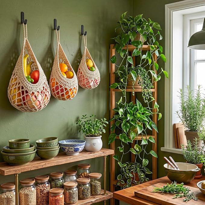 Honeydak Boho Decor Hanging Wall Baskets for Kitchen 3 Pack Teardrop Baskets with Hooks Storage Fruit Onion Vegetable Potato for Home 3 Sizes (White,Crochet,Cotton Rope)
