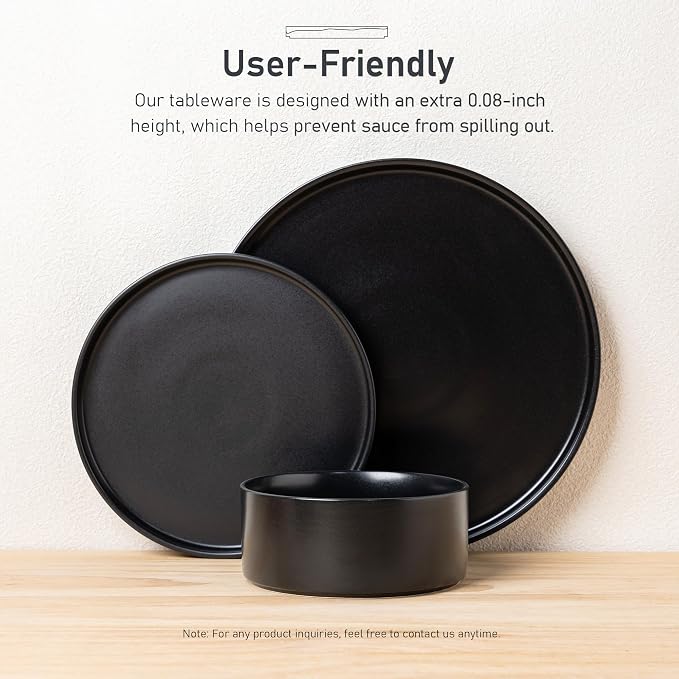 GBHOME Ceramic Dinnerware Sets of 4,Stoneware Plates and Bowls Sets,Chip and Crack Resistant | Dishwasher & Microwave Safe Dishes Set,Scratch Resistant- Service for 4 (12pc)-Matte Black