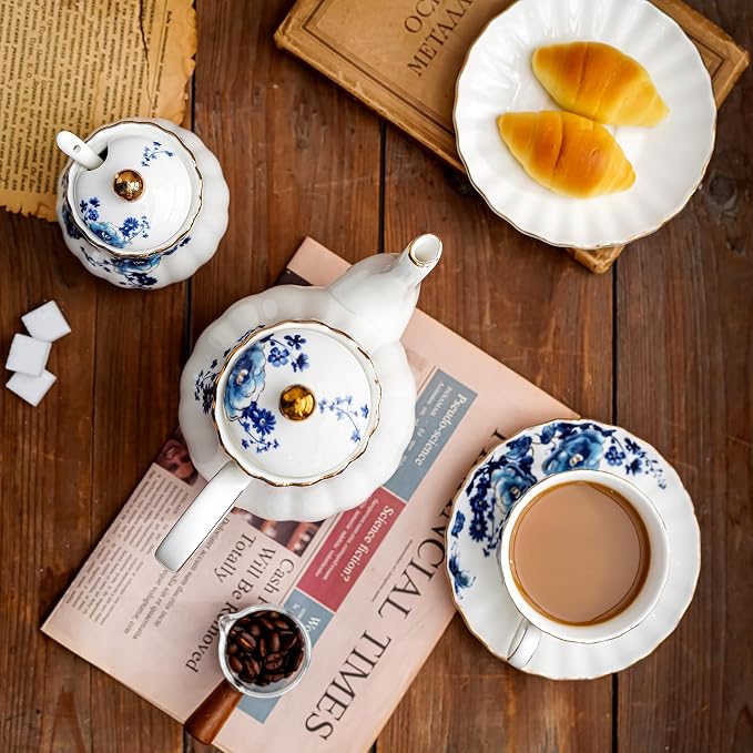 Agyiuns ceramic tea cup and saucer set of 4,floral teacup sets for Coffee, Latte, Cafe Mocha and Tea (Dark blue flowers)