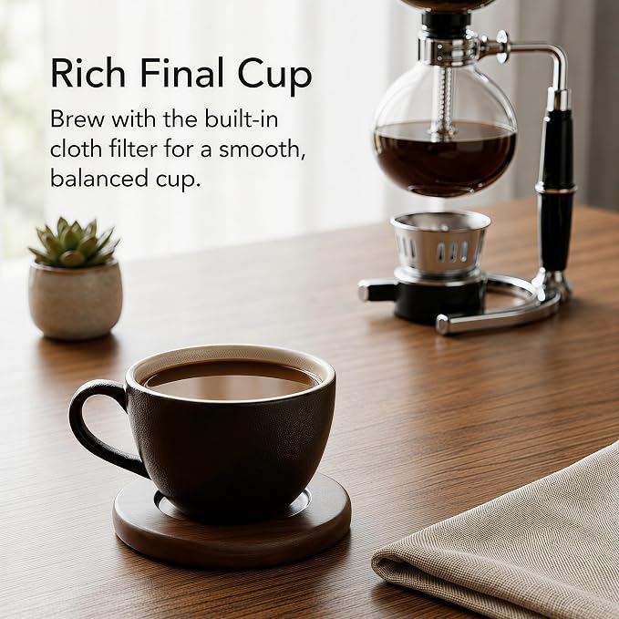 Siphon Coffee Maker, 20 oz Glass Vacuum Brewer with Cloth Filter | Borosilicate glass, reusable cloth filter, alcohol burner, hands-on siphon brewing, rich small-batch coffee