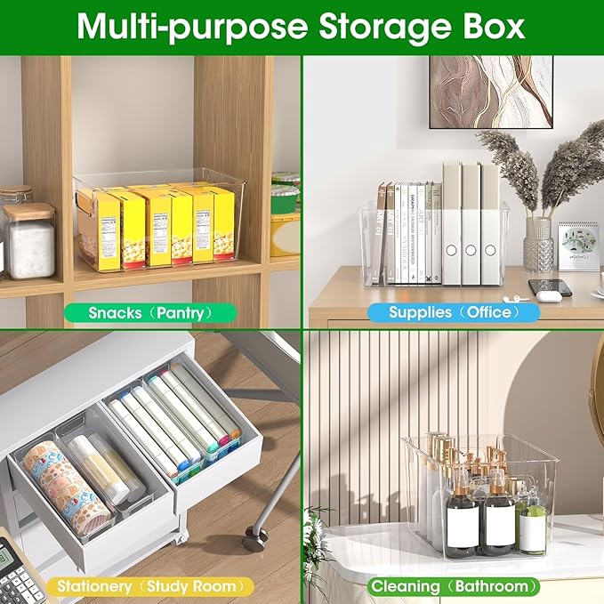 8 Pack Clear Plastic Storage Bins with Handles, 4 Large & 4 Small Stackable Organizer Bins for Fridge, Pantry, Kitchen, Non-Slip Bottom Transparent Storage Containers