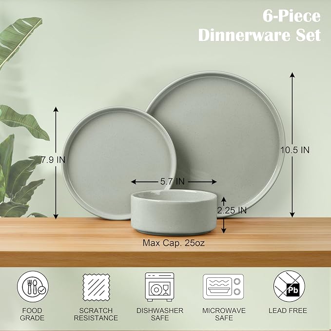 E-far 6-Piece Stoneware Dinnerware Sets, Plates and Bowls Set for 2, Kitchen Modern Dishes Set for Everyday & Formal, Chip and Scratch Resistant, Microwave & Dishwasher Safe, Speckled Green