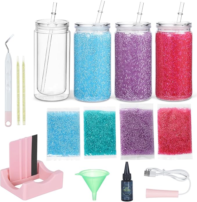 4 Pack 16 Oz Acrylic Rhinestone Snow Globe Tumbler DIY Starter Kit, Double Wall Plastic Pre-Drilled Snowglobe Tumbler Supplies Craft Tool Set with Clear Rhinestone