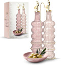 COOK WITH COLOR Glass Olive Oil Bottle Dispenser - 2 Pack- 17oz Oil and Vinegar Cruet - Olive Oil Carafe Decanter for Kitchen, Elegant Waves, Pink