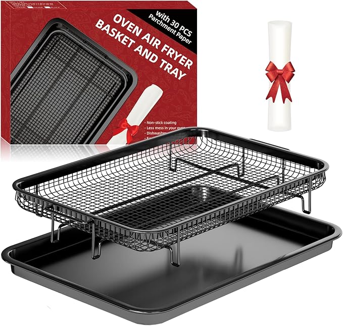 Air Fryer Basket for Oven, Large14.88"×10.98"Air Fryer Pans for Convection Oven with 30 Sheet Parchment Papers, THORSES Non-Stick Stainless Steel Air Fryer Basket and Tray for Multi Cooking - Black