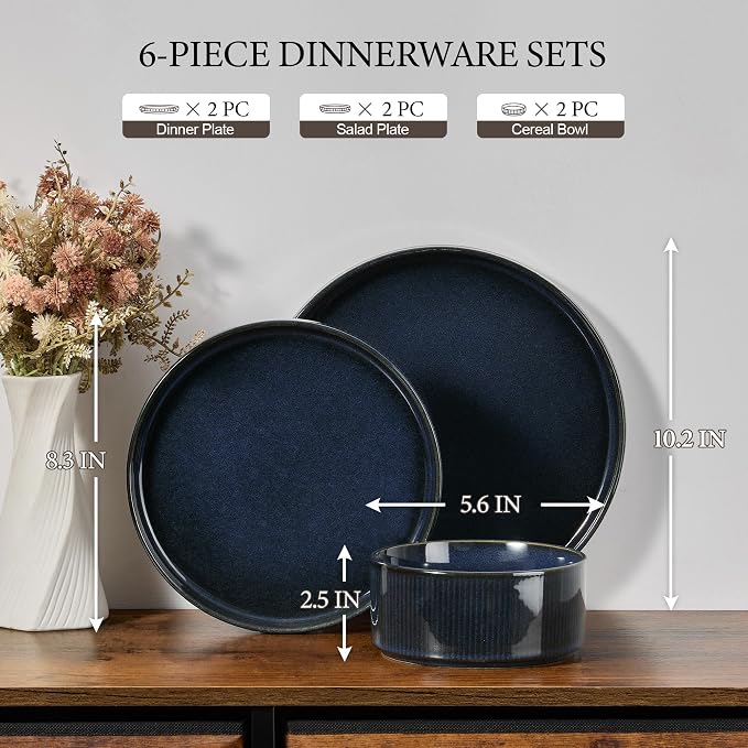 E-far Stoneware Dinnerware Sets for 2, 6-Piece Plates and Bowls Sets, Chip & Scratch Resistant Ribbed Dish Set for Home Restaurant, Microwave & Dishwasher Safe, Midnight Blue