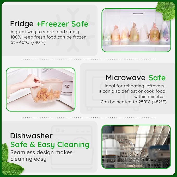 Reusable Silicone Food Storage Bags 3Set Airtight food Storage Containers Food Grade Silicone Snack Bags, BPA Free Food Storage Container, Microwave Safe, Sous Vide Container, White, 17oz+29oz+51oz