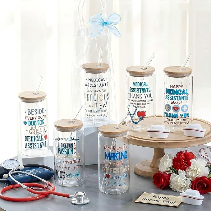 Mumufy 6 Sets Medical Assistants Glass Cups with Clear Gift Bag 16 oz Reusable blue Iced Coffee Mugs Aesthetic Cute Tumbler with Lids and Straws, Gifts for Girls Women Bridesmaid