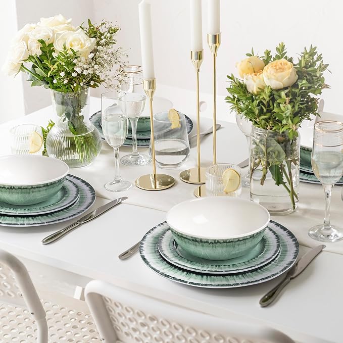 AELS Melamine Dinnerware Set of 12 Pcs Dinner Dishes Set for Indoor and Outdoor Use, Dishwasher Safe, Lightweight Unbreakable, BPA Free, Sage Green