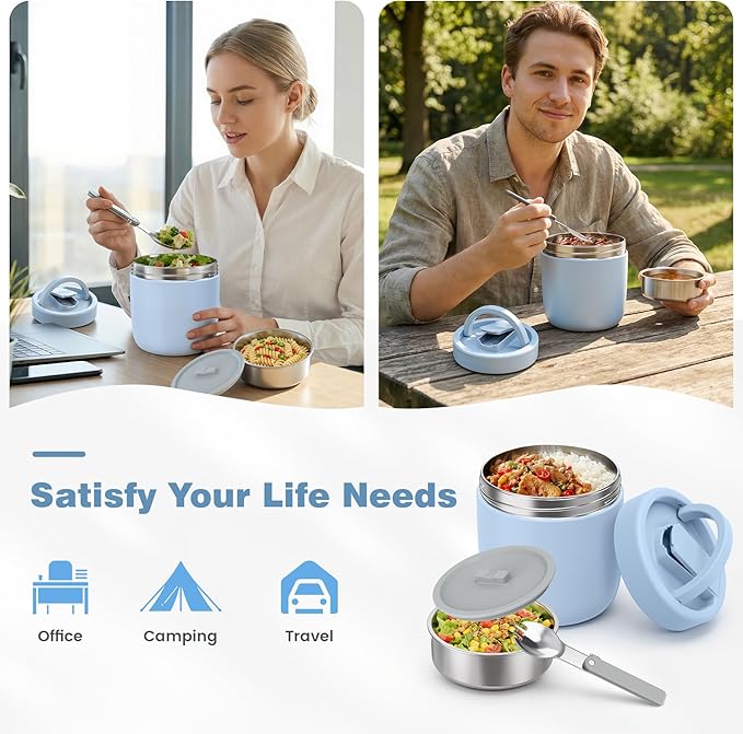 Thermo for Hot Food Adults, 40.5oz Wide Mouth Soup Thermo Lunch Containers with Spoon, Stainless Steel Vacuum Insulated Bento Lunch Box,Lunch Containers with Handle(Blue)