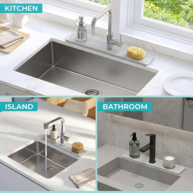 Faucet Mat for Kitchen Sink – Diatomite Stone Drip Catcher, Fast Drying & Water Absorbing Splash Guard, Countertop Protector Behind Faucet, Non-Slip Sink Tray, Light Grey 23.6" x 3.9"