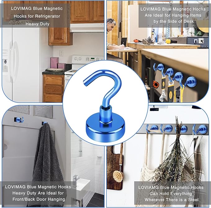 LOVIMAG Magnetic Hooks，25Lbs Magnet Hooks for Cruise Cabin, Magnetic Hooks for Hanging, Fridge, Classroom, Refrigerator, Ceiling, Office, Kitchen. Grill, Garage-6 Pack of Blue