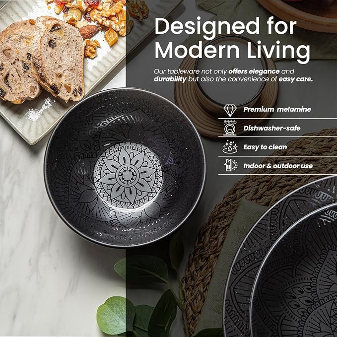 bzyoo 12 Piece Black Melamine Dinnerware Set - Durable, Dishwasher Safe Black Plates and Bowls - Ideals for Parties, Camping Dish Set La La Mandala