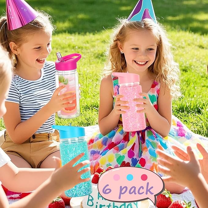 6 Pack 10 Oz Plastic Snow Globe Tumbler for Kids with Pre-Drilled Hole and Plug, Leak Proof Double Wall Snow Globe Sports Water Bottles with Portable Handle for Glitter DIY Gift, Mixed Color