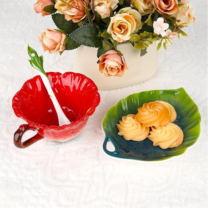 Hibiscus Flower Tea Cup and Saucer Set 6 Oz, Enamel Flower Porcelain Coffee Cup Saucer Set with Spoon for Women, Hand Crafted Tea Set (Hibiscus)