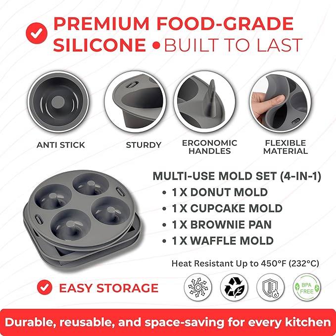 EM 4-pc Silicone Air Fryer Liners Baking Set for Cake, Donut, Waffle, and Brownie - Reusable Silicone Baking Molds for 3-5 Qt Airfryers - Easy to Clean Air Fryer Baking Accessories for Home Bakers