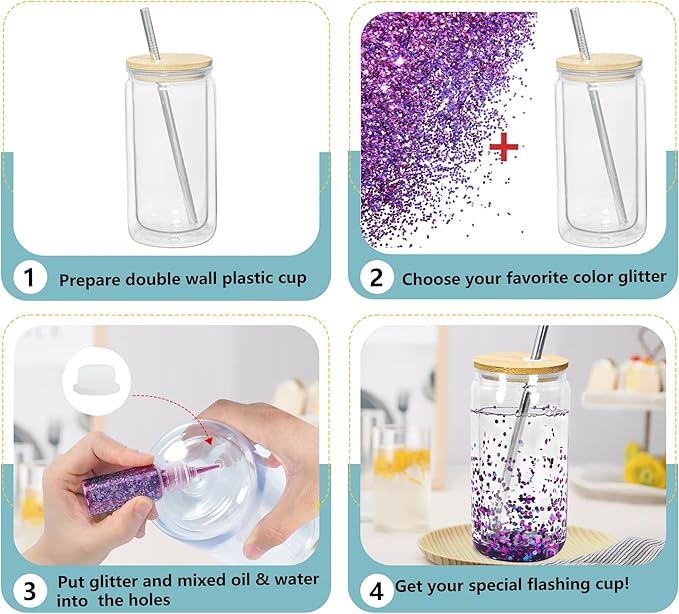 16 oz Acrylic Snow Globe Tumbler Snow Globe Cups Double Wall Snowglobe Tumbler with Pre Drilled Hole Clear Plastic Cups with Bamboo Lids and Straws for Iced Coffee Boba Juice Soda 6 Pack