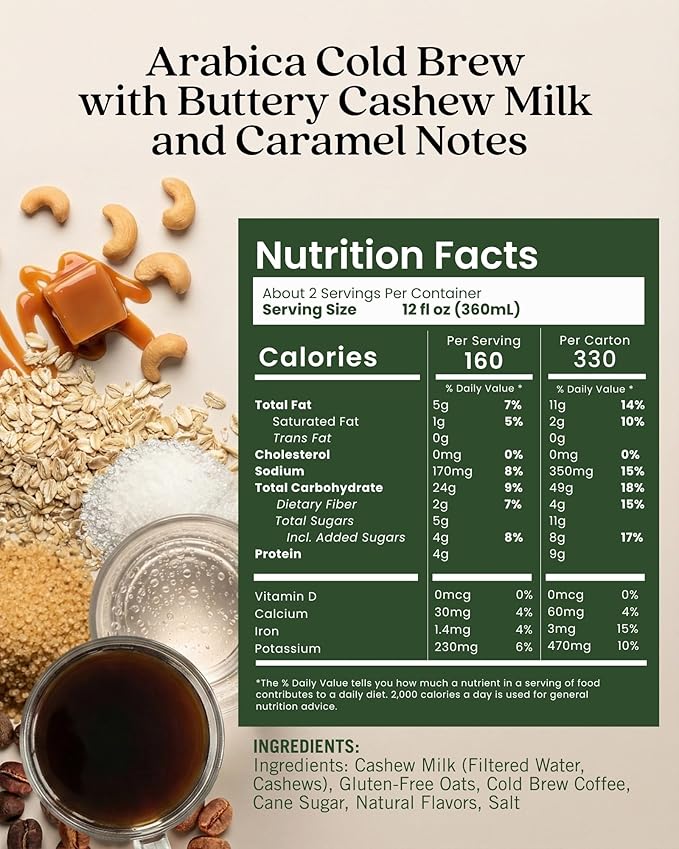 Elmhurst 1925 Caramel Cashew Latte – Plant-Based, Vegan, Dairy-Free Plant Milk Latte Made of Cashew Milk, Cold Brew Premium Arabica with 95mg Caffeine & Sweet Caramel Notes – 25.4oz (Pack of 6)