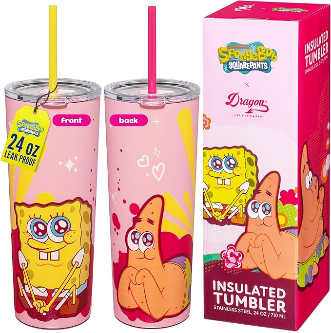 Dragon Glassware x SpongeBob SquarePants Tumbler with Straw, 24 oz - Pink | Vacuum Insulated Stainless Steel Tumbler with Straw & Lid; Double Walled Tumbler with Straw; SpongeBob SquarePants Cup