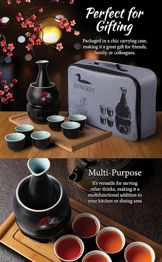 Japanese Sake Cup Set with 6 Ceramic Cups, 1 Ceramic Sake Bottle, 1 Ceramic Sake Warmer, Bamboo Tray, and Cloth Carrying Case | Perfect Hot Sake Set for Authentic Japanese Experience