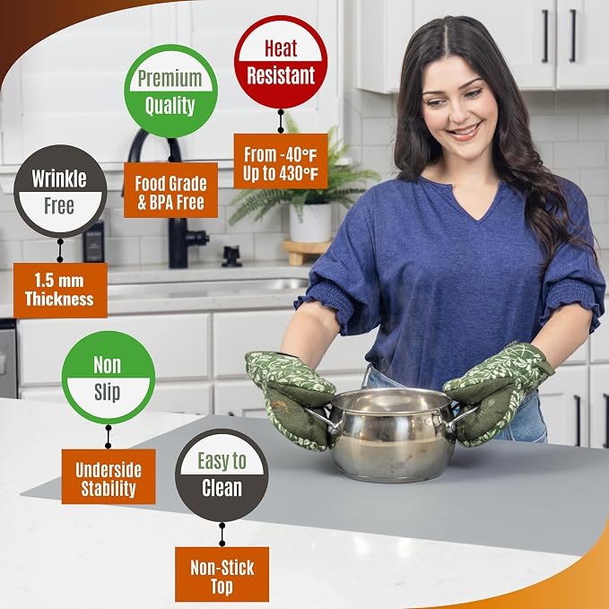 Silicone Mat for Kitchen Counter with "Edge Protection" – Quartz Countertop Protector Mats – Silicone Heat Resistant Mat – No Folds or Wrinkles – 1.5mm Thick, 24"x16", Gray
