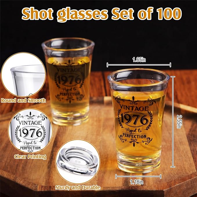 LemonRoad 100 Set 50th Birthday Party Favor for Guest Bulk, 1.4oz Plastic Shot Glasses Cup, Cheers to 40/50/60/70/80 Years Beer Bottle Opener Keychain Thank You Card Gift Bag for Souvenir Party Gift