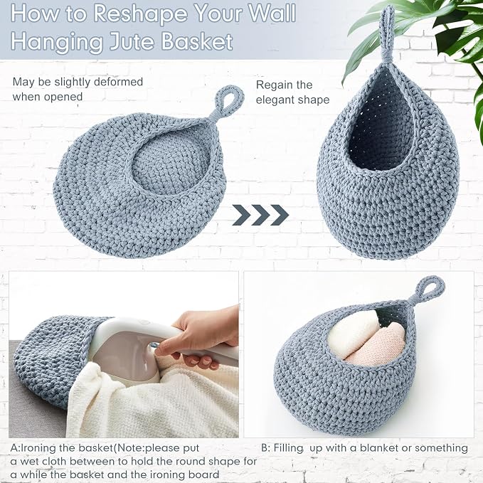 Honeydak Boho Decor Hanging Wall Baskets for Kitchen 3 Pack Teardrop Baskets with Hooks Storage Fruit Onion Vegetable Potato for Home 3 Sizes(Light Blue,Teardrop,Cotton Rope)