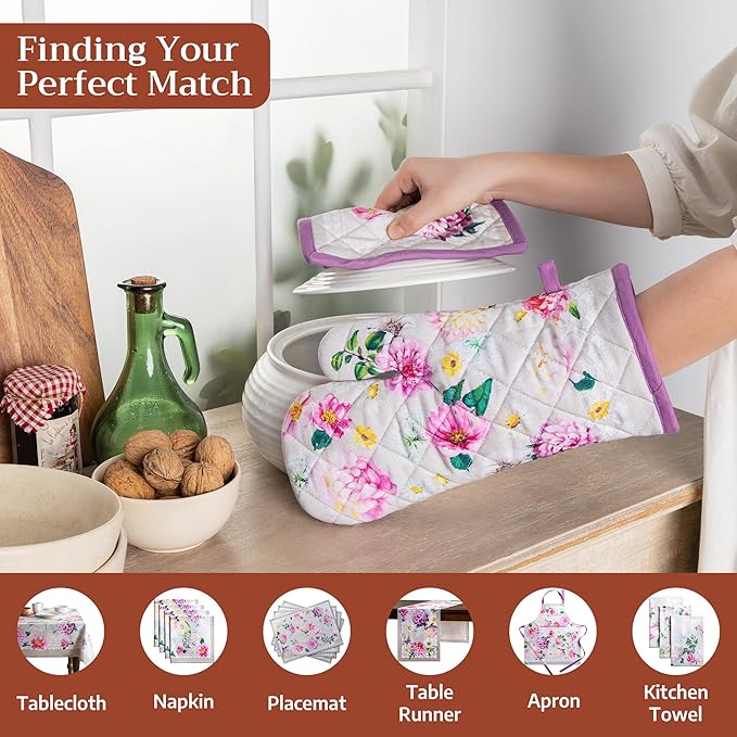 Maison d'Hermine Oven Gloves 100% Cotton Oven Mitt 7" x 13" with Loop Heat Resistant BBQ Cooking Gloves Baking Grilling Gifts for Mothers Day Spring/Summer (Pack of 1, Pivoine)
