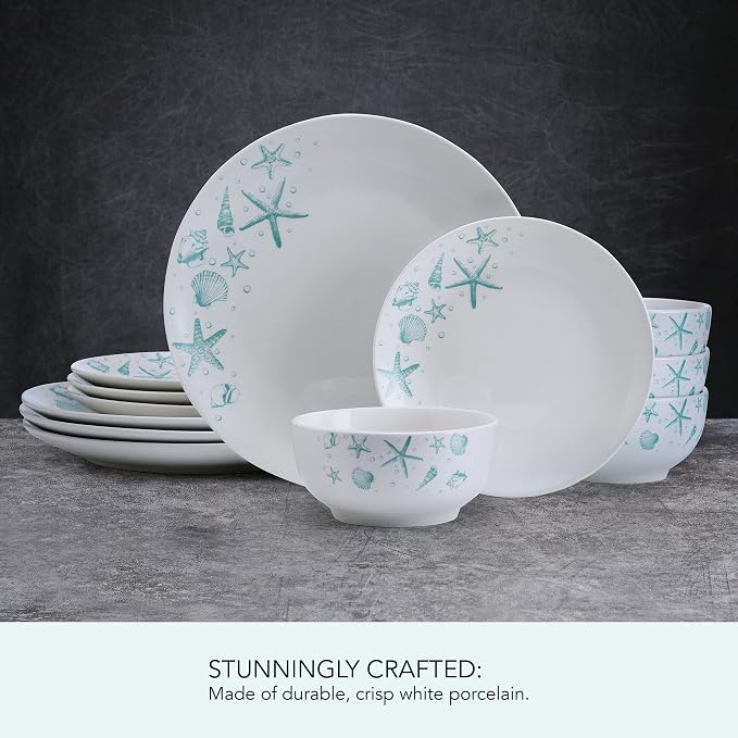 Studio Nova Tahiti Coastal 12 Piece Dinnerware Set, Service for 4, Multicolored Stoneware Plates and Bowls with Vibrant Coastal Design for Everyday Dining