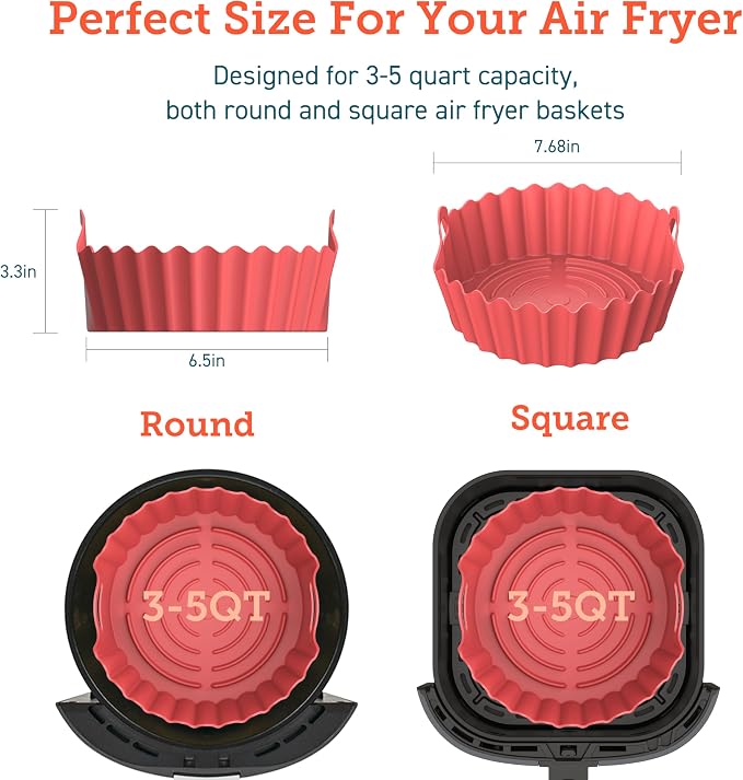 COSORI Air Fryer Silicone Liners for 3-5 Qt, 7.6 Inch Reusable Basket, Certified Food Grade Accessories, Resistant up to 450°F, Thickened & Durable, Non-stick Dishwasher Safe, Gloves Included, 2 Pcs