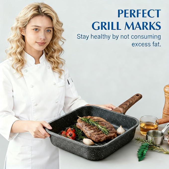 HealSmart 3 Pieces Nonstick Grill Pan Set, Square Cooking Skillets with Wooden Handles, PFOA-Free Multi-size Griddle Pans Fit All Stovetops, Indoor & Outdoor Cooking, 9.5",10.2",11", Black