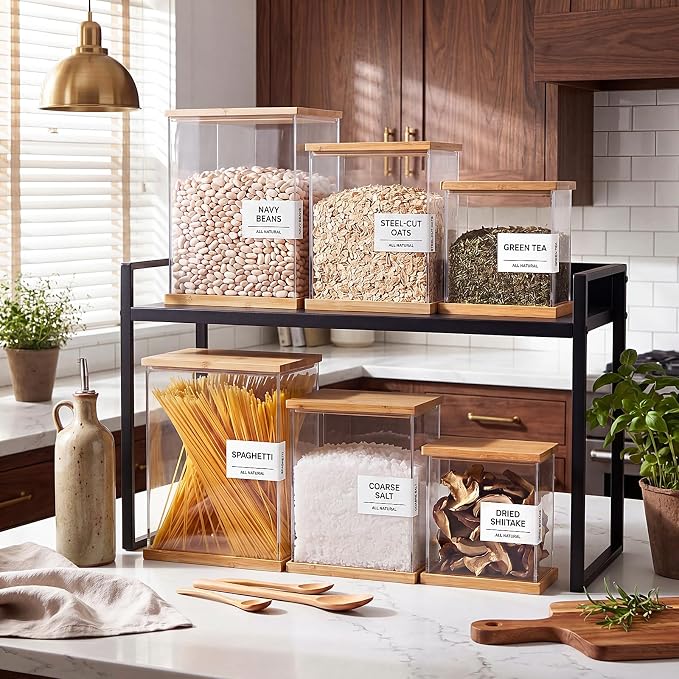 6 Pack Acrylic Pantry Storage Containers with Bamboo Lid Airtight Food Cereal Containers Storage 100oz, 54oz, 27oz with 144 Pantry Labels and Spoon for Flour Sugar, Cereal, Spice
