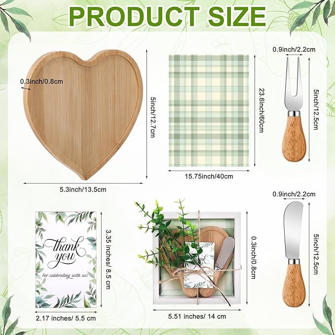 LemonRoad 6 Set Bridal Shower Gifts Bamboo Heart Shaped Charcuterie Board with Utensils Kitchen Towels Thank You Tags for Baby Shower Weddings Bridal Birthday Holiday Party Favors Housewarming