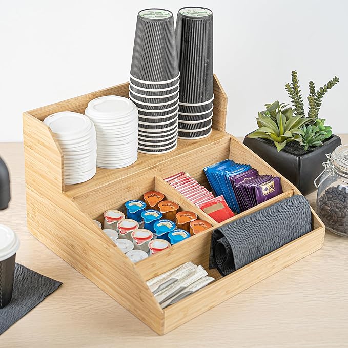 Restaurantware-15 x 14.25 x 9.25 Inch Coffee Condiment Organizer, 1 Countertop Tea Station Organizer - 3 Shelf, Heavy-Duty, Bamboo Coffee Bar Holder, For Breakrooms, Offices, or Homes,
