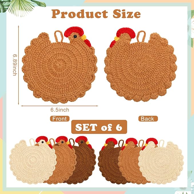 LemonRoad Handmade Crochet Chicken Trivets Set of 6, Farmhouse Hot Pots Holder Gifts Cute Braided Woven Coaster Protector for Dishes Mothers Day Lovers Housewarming 6.5" x 6.8"(Retro Style)