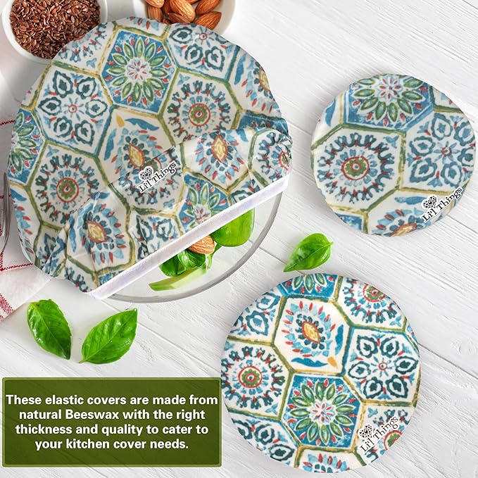 Beeswax Bowl Covers Set of 5 (XS–XL) – Reusable Elastic Food Covers for Bowls – Organic Cotton with Beeswax, Washable & Plastic-Free | Li’l Things - Suzani
