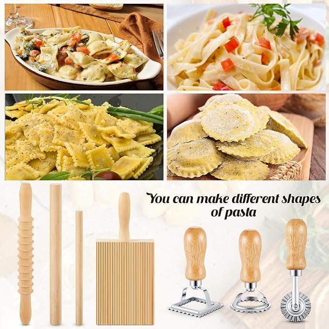 Tioncy 7 Pcs Pasta Making Tool Set Kitchen Gift for Mom, Wood Gnocchi Board with Ravioli Stamp Ravioli Maker Rolling Pin Gnocchi Garganelli Ltalian Pasta Tools for Beginners Mother's Day Home Cooks