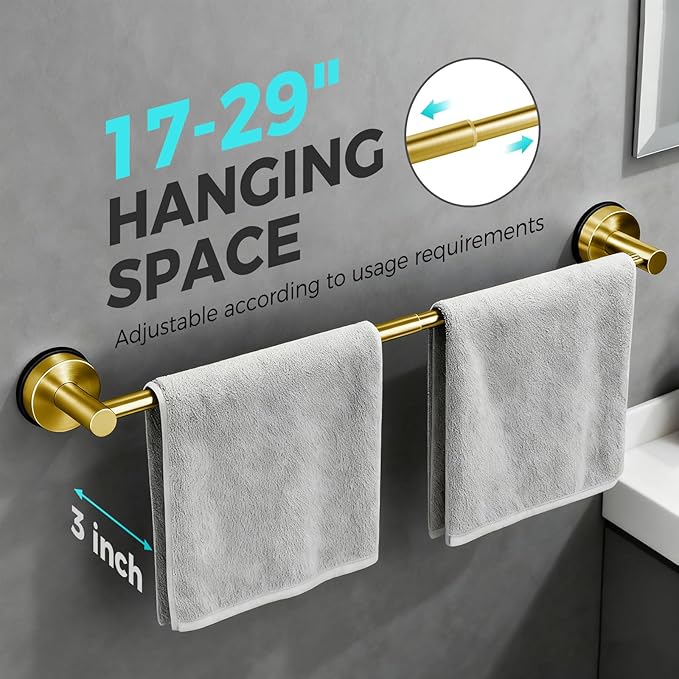 Adjustable Suction Cup Towel Bar for Bathroom Wall,17 Inch~29 Inch Towel Racks for Bathroom,Stainless Steel Bath Towel Holder for Shower(Brushed Gold)