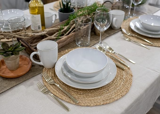Elanze Designs Reactive Glaze Stone Ceramic Plates Bowls Mugs Classic Dinnerware 16 Piece Set - Service for 4, White