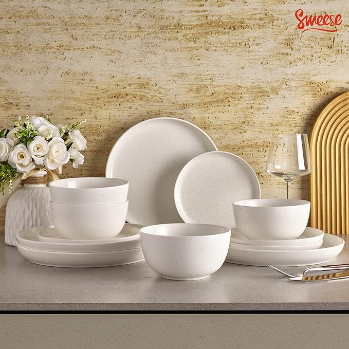 Sweese Dinnerware Sets Service for 4, 12 pcs Matte Speckled Glaze Plates and Bowls Sets, Handmade Ceramic Dish Set, Highly Chip and Crack Resistant Modern Plate Set, White