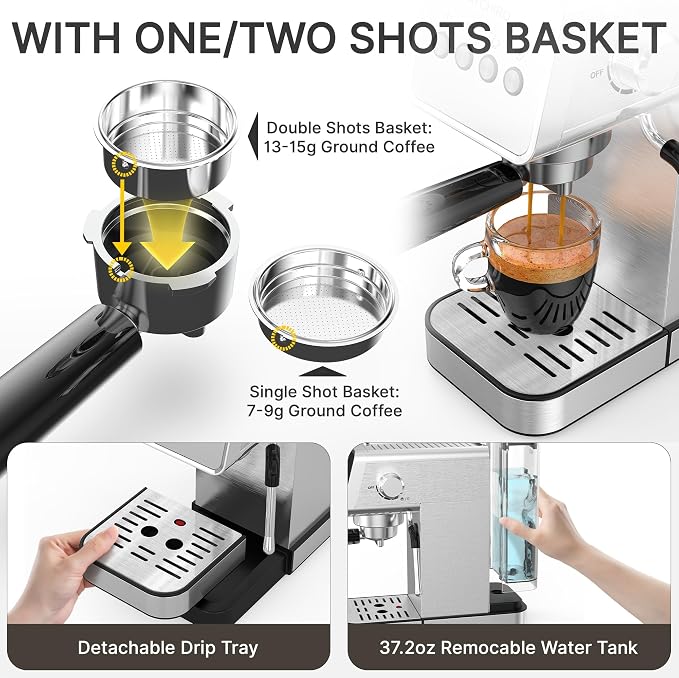 AYCHIRO 20-Bar Espresso Machine with Milk Frother, Professional Espresso Coffee Machine for Home, Stainless Steel Cappuccino Maker, Removable Water Tank & Drip Tray, Silver