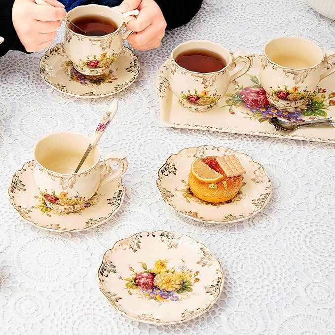 YOLIFE Tea Saucers Set of 4, 5.8 inch – Ivory Vintage Floral Porcelain Tea Plates for Cups with Gold Leaves Trim, Ideal for Tea Parties
