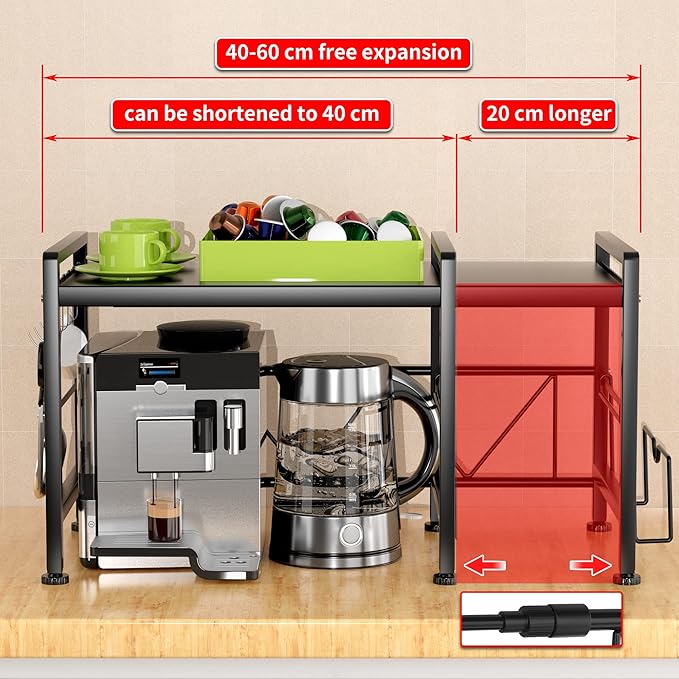 YIUKEA Extendable Microwave Oven Rack - Adjustable Kitchen counter shelf, 2 Tier Microwave Stand (L15.7~23.6" xW12.8 xH17.7) with 6 Hooks for Kitchen Countertop Organizer (Black)
