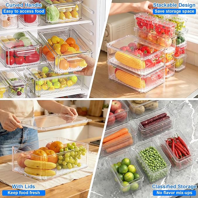 14 Pack Fridge Organizers and Storage, Clear Plastic Storage Bins with Lids , Stackable Food Containers with Drain Boards, Kitchen Organization and Storage, Produce Saver for Vegetables, Fruits, Meat